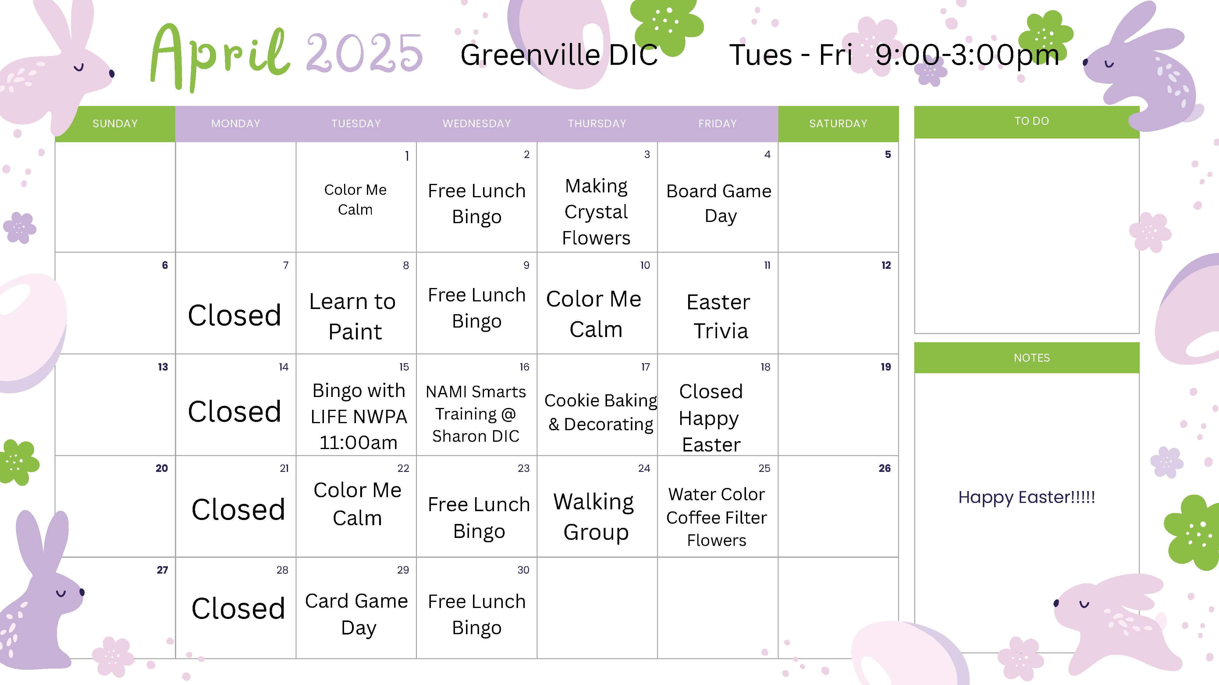 Greenville Drop-In Center April 2025 Calendar Flyer