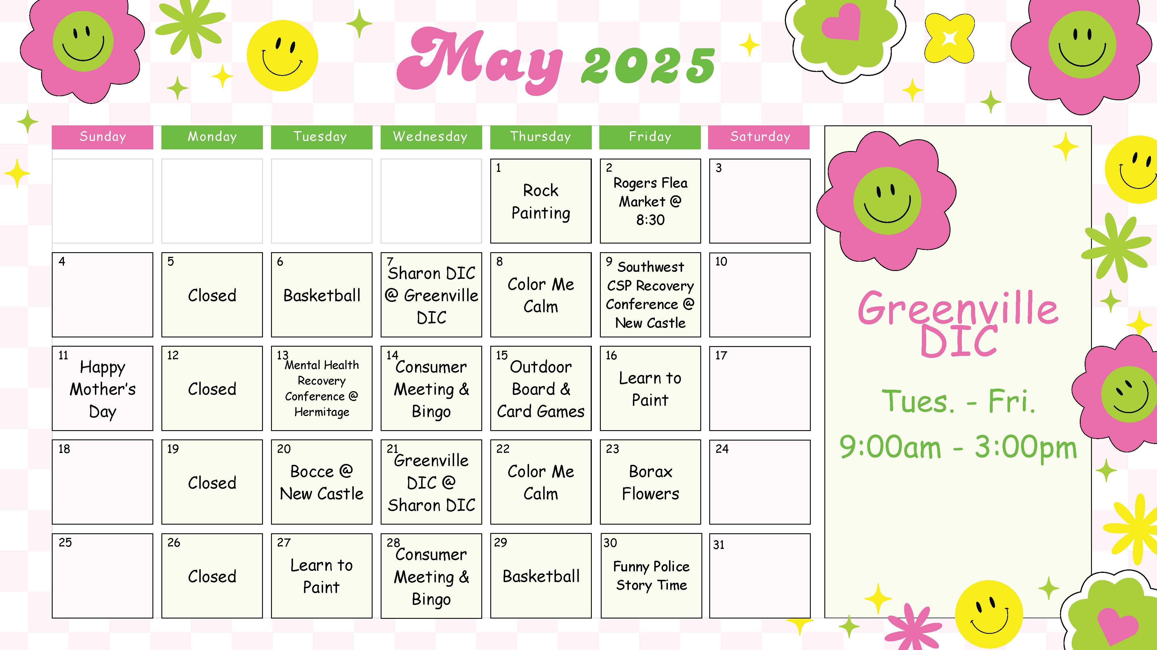 Greenville Drop-In Center May 2025 Calendar Flyer