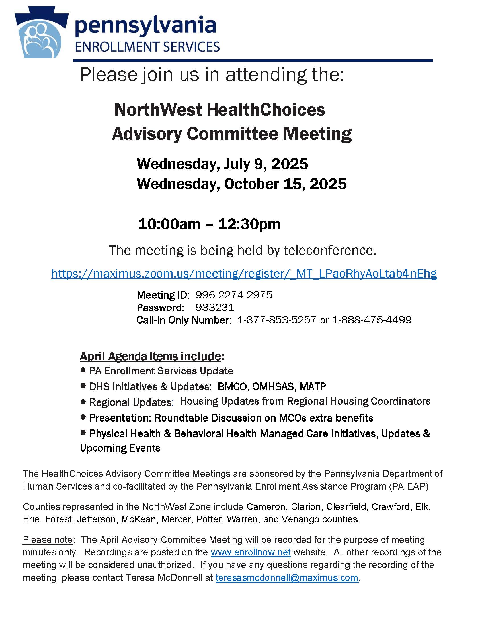 NorthWest HealthChoices Advisory Committee Meeting Flyer