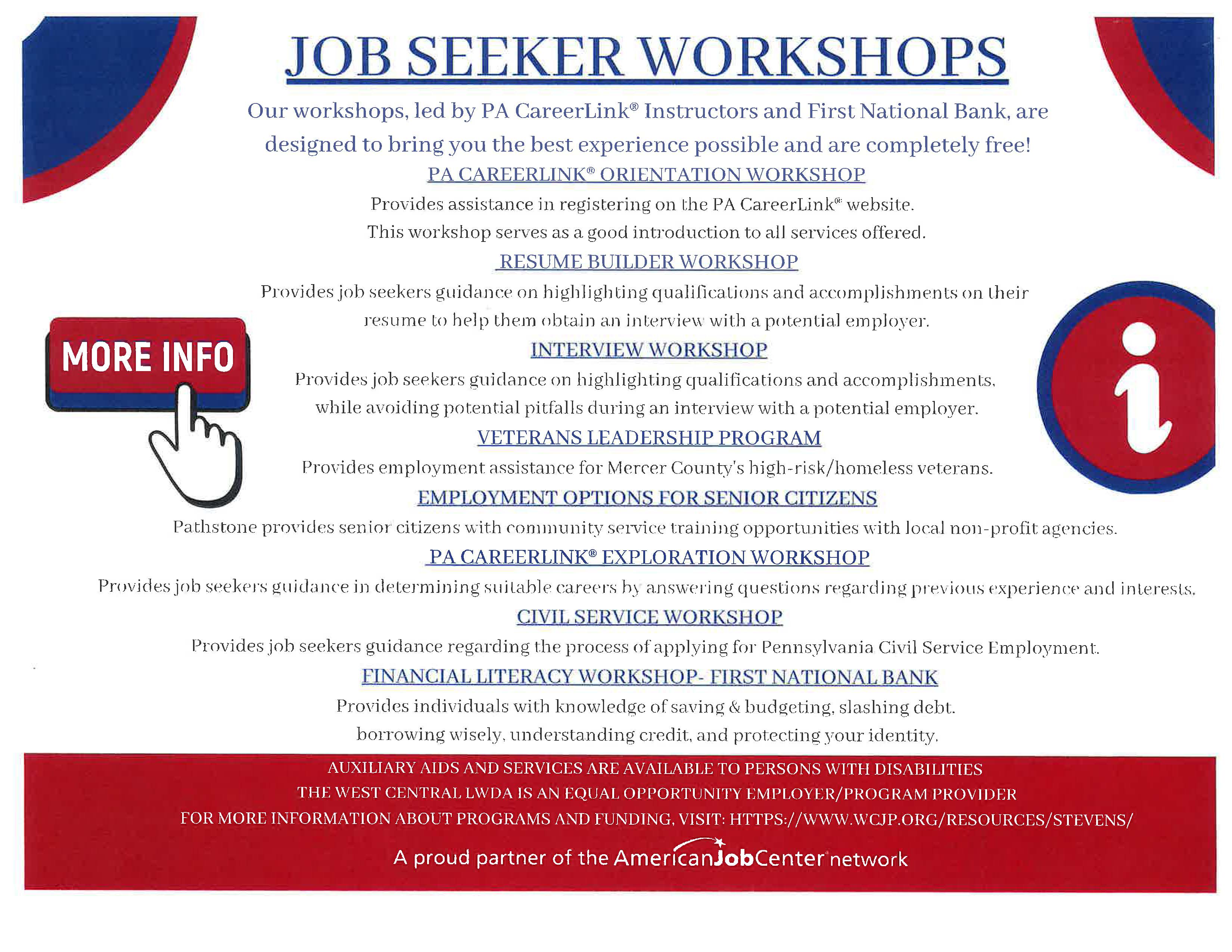 PA CareerLink Job Seeker Workshops Flyer