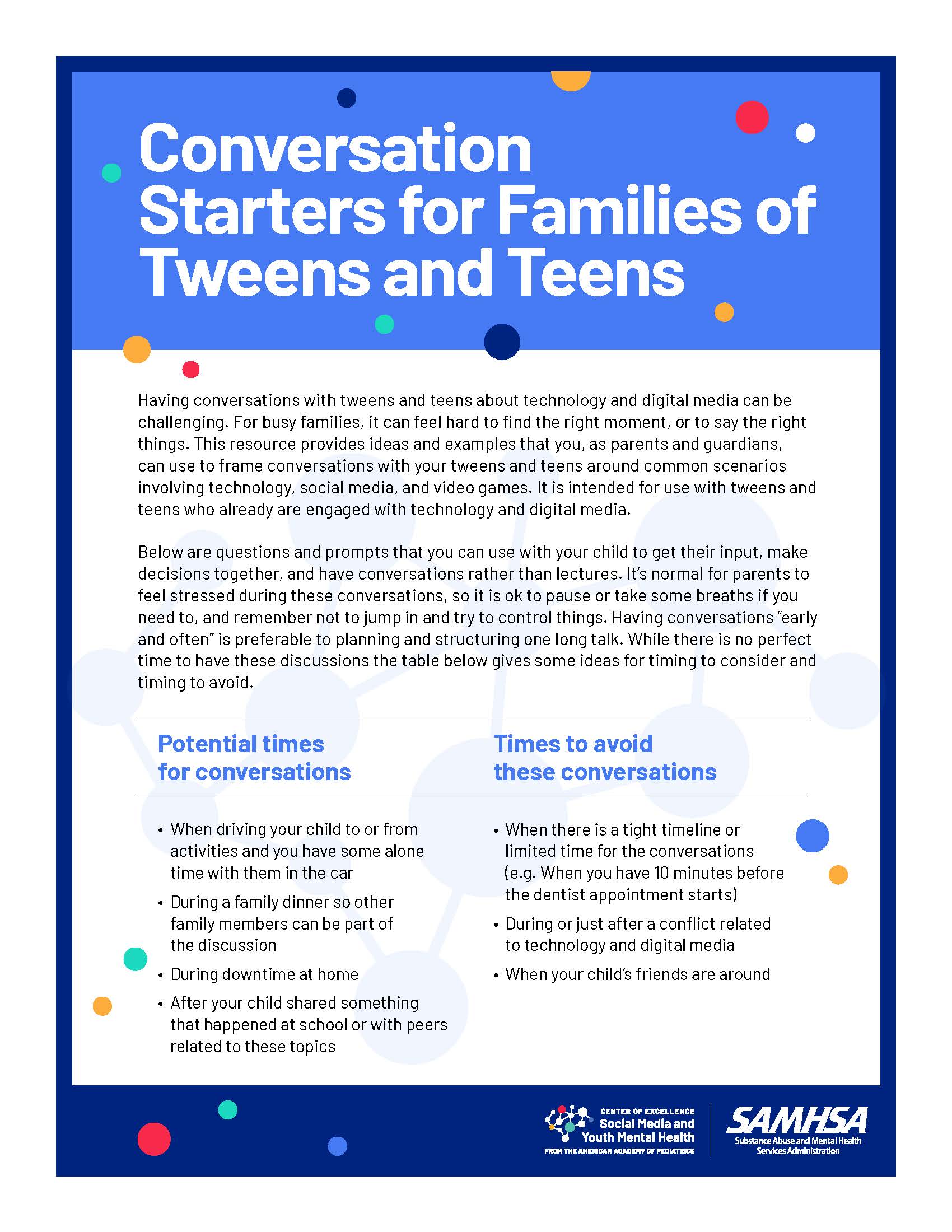 Conversation
Starters for Families of
Tweens and Teens Flyer
