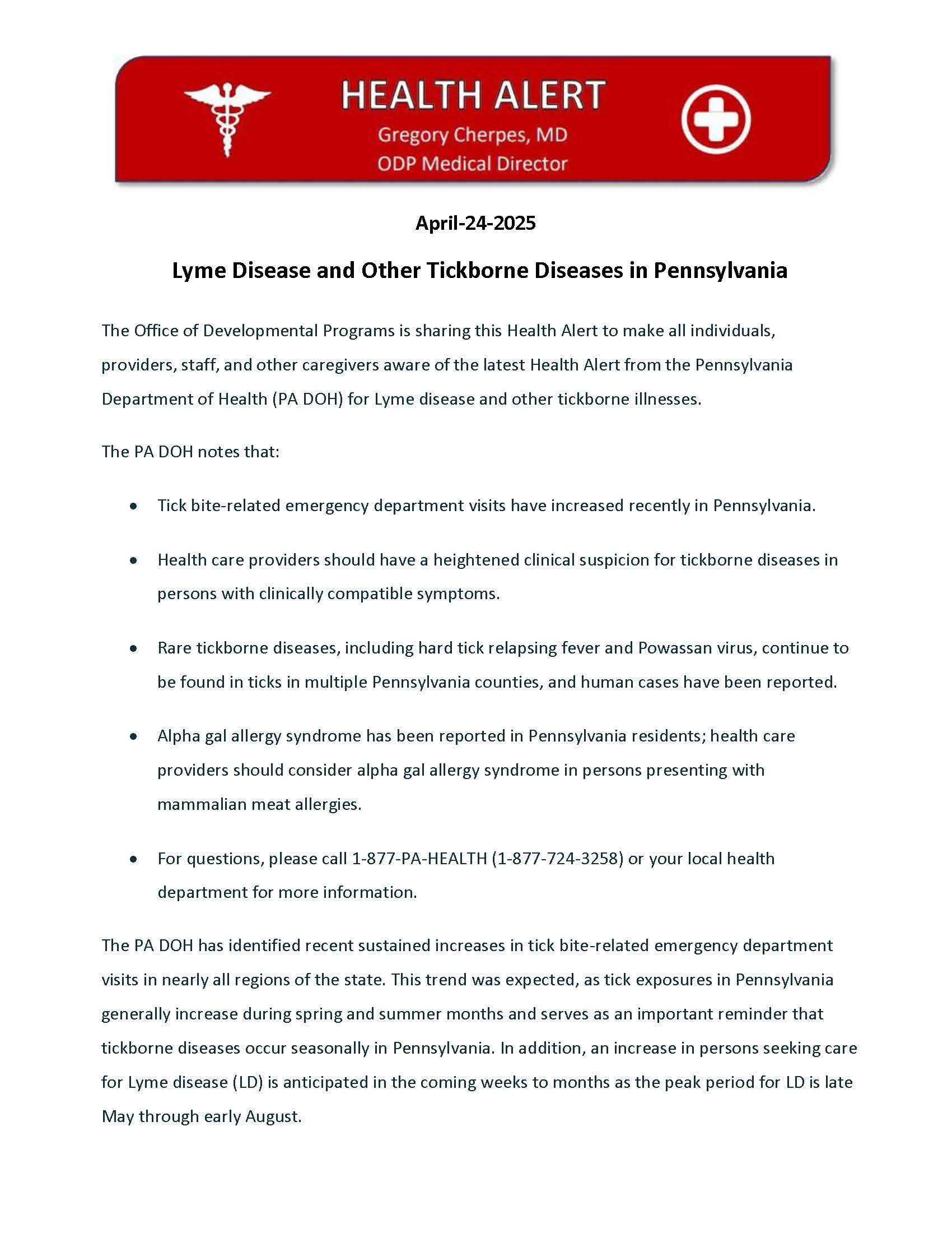 Health Alert: Lyme Disease and Other Tickborne Diseases in Pennsylvania Flyer