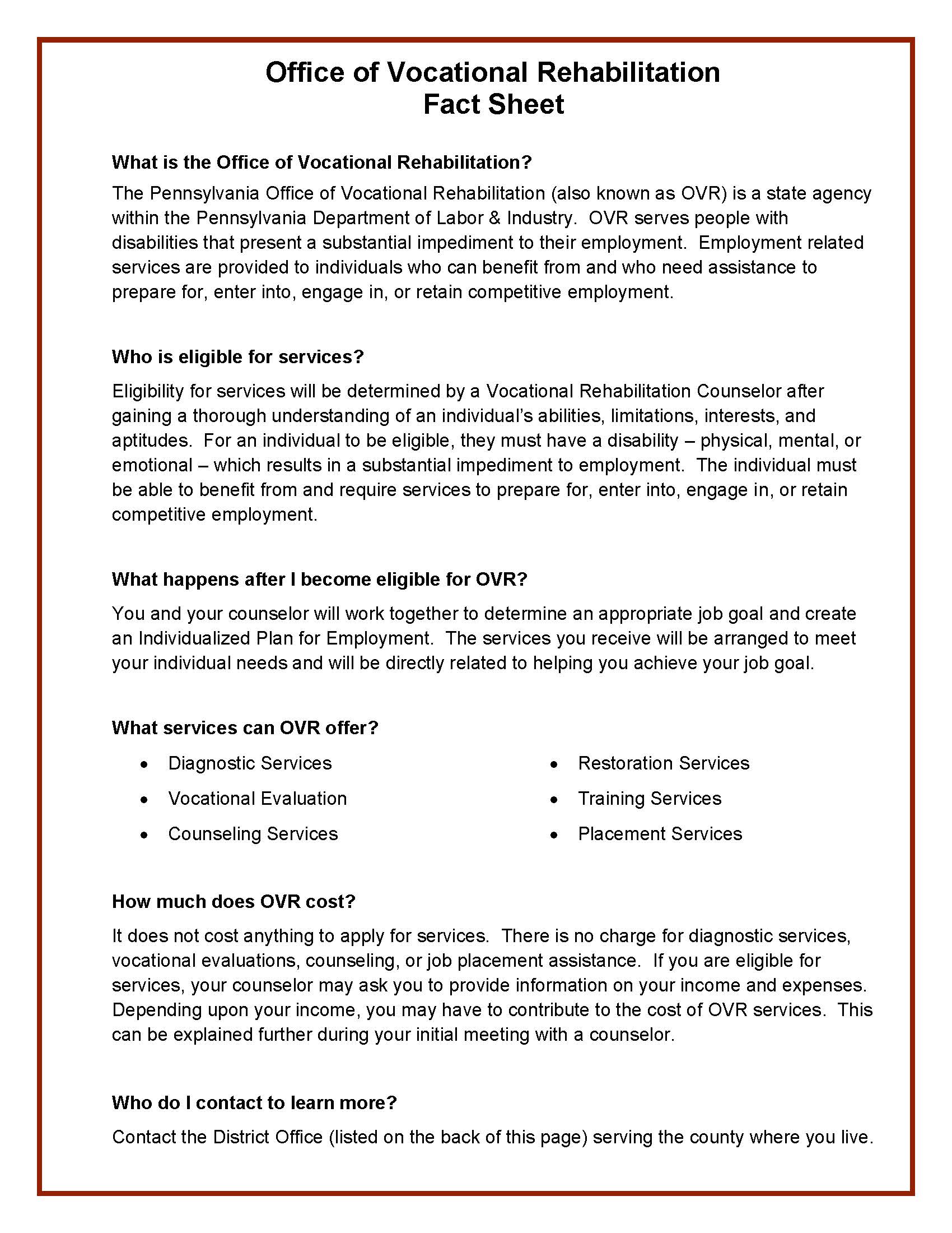 Office of Vocational Rehabilitation Fact Sheet Flyer