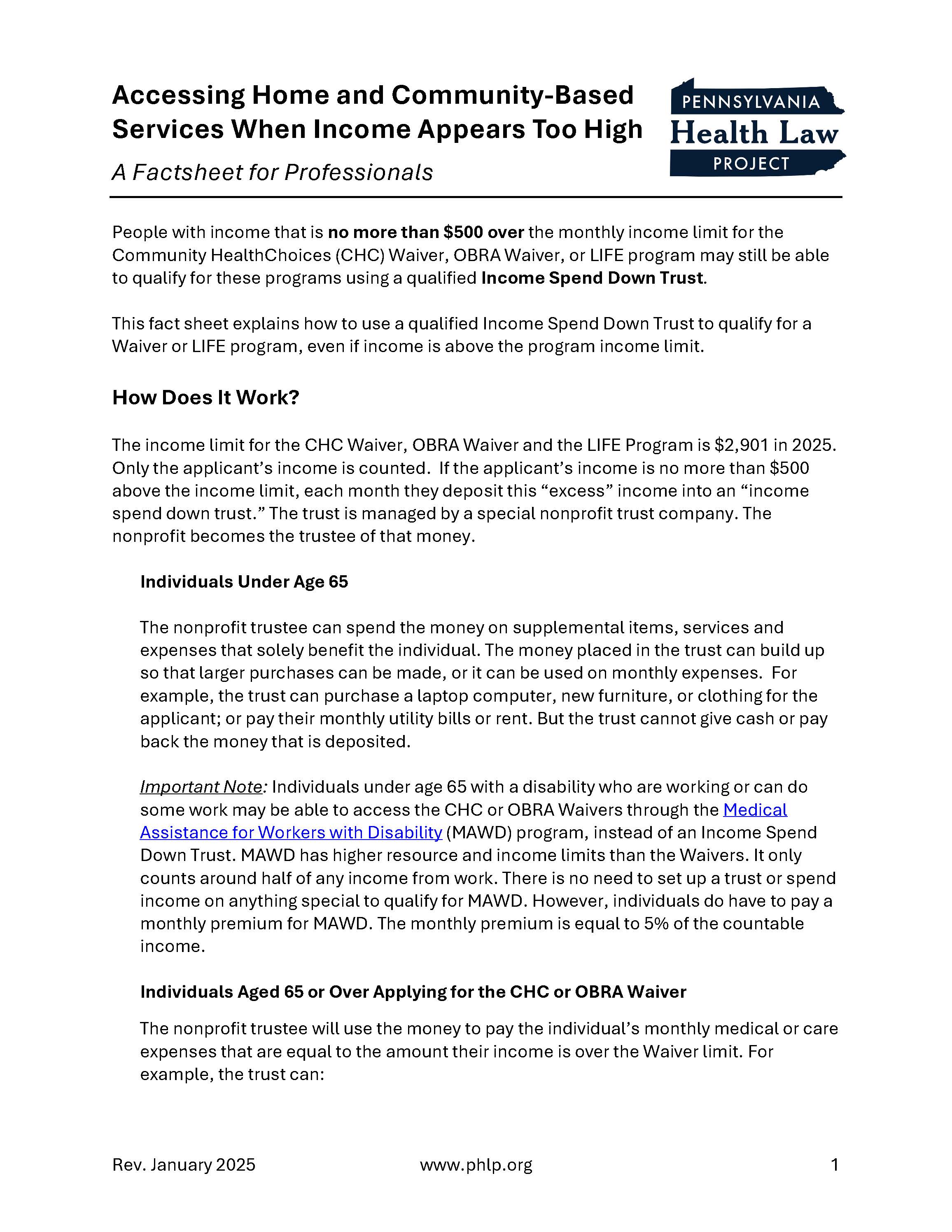 2025 Income and PA health Law Fact Sheet for Professionals Flyer