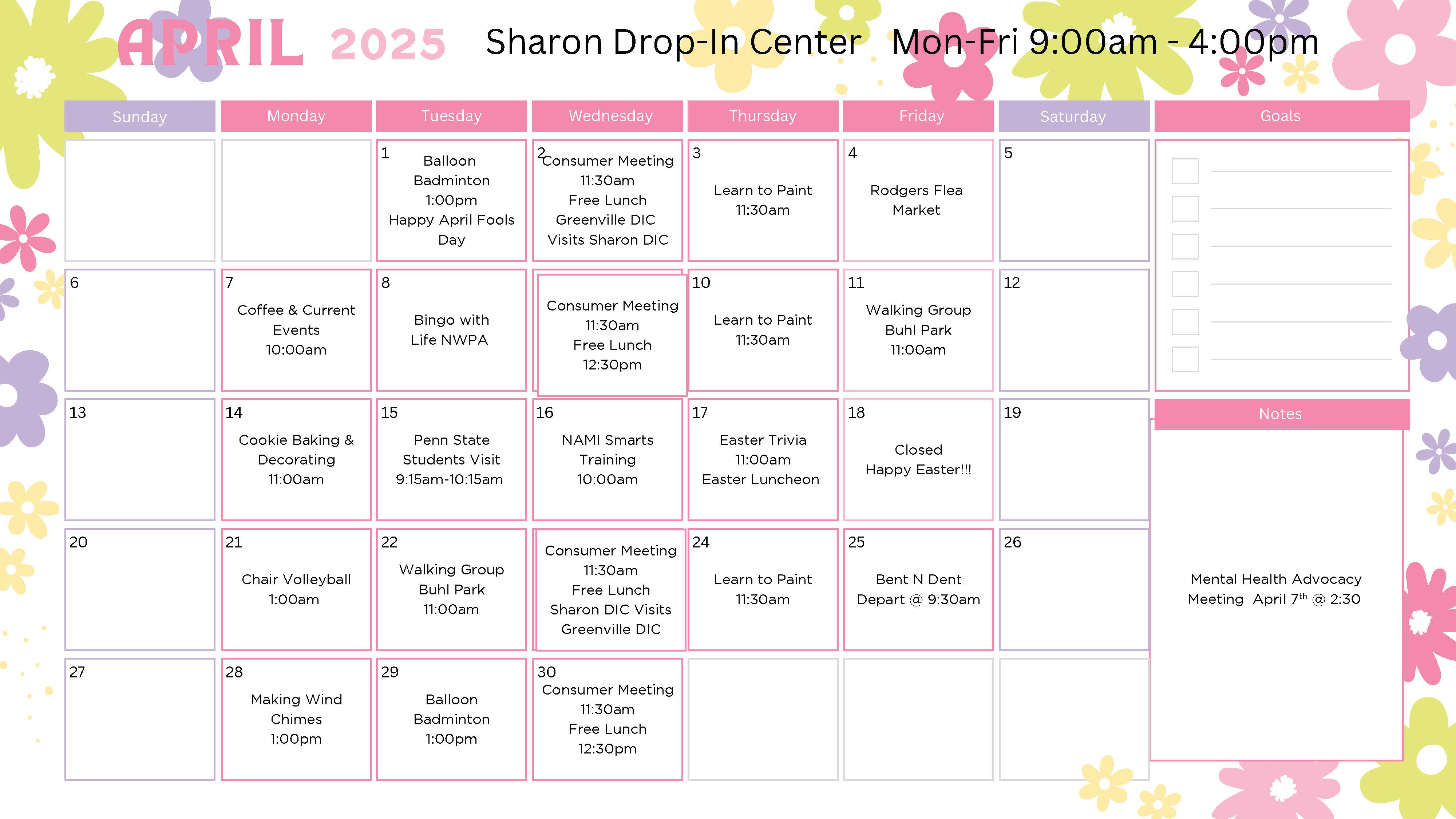 Sharon Drop-In Center April 2025 Calendar Flyer