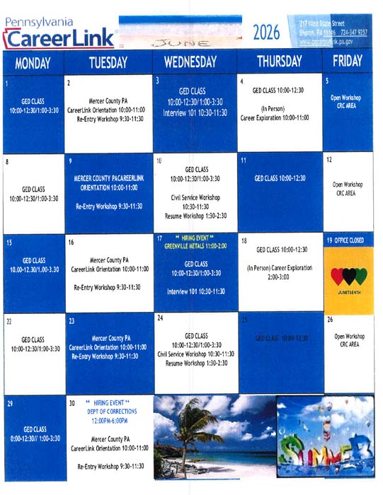 PA CareerLink June Calendar
