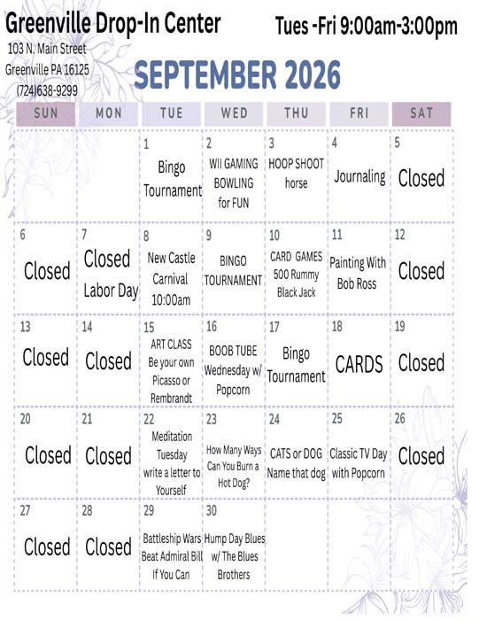 Greenville Drop-In Center Calendar