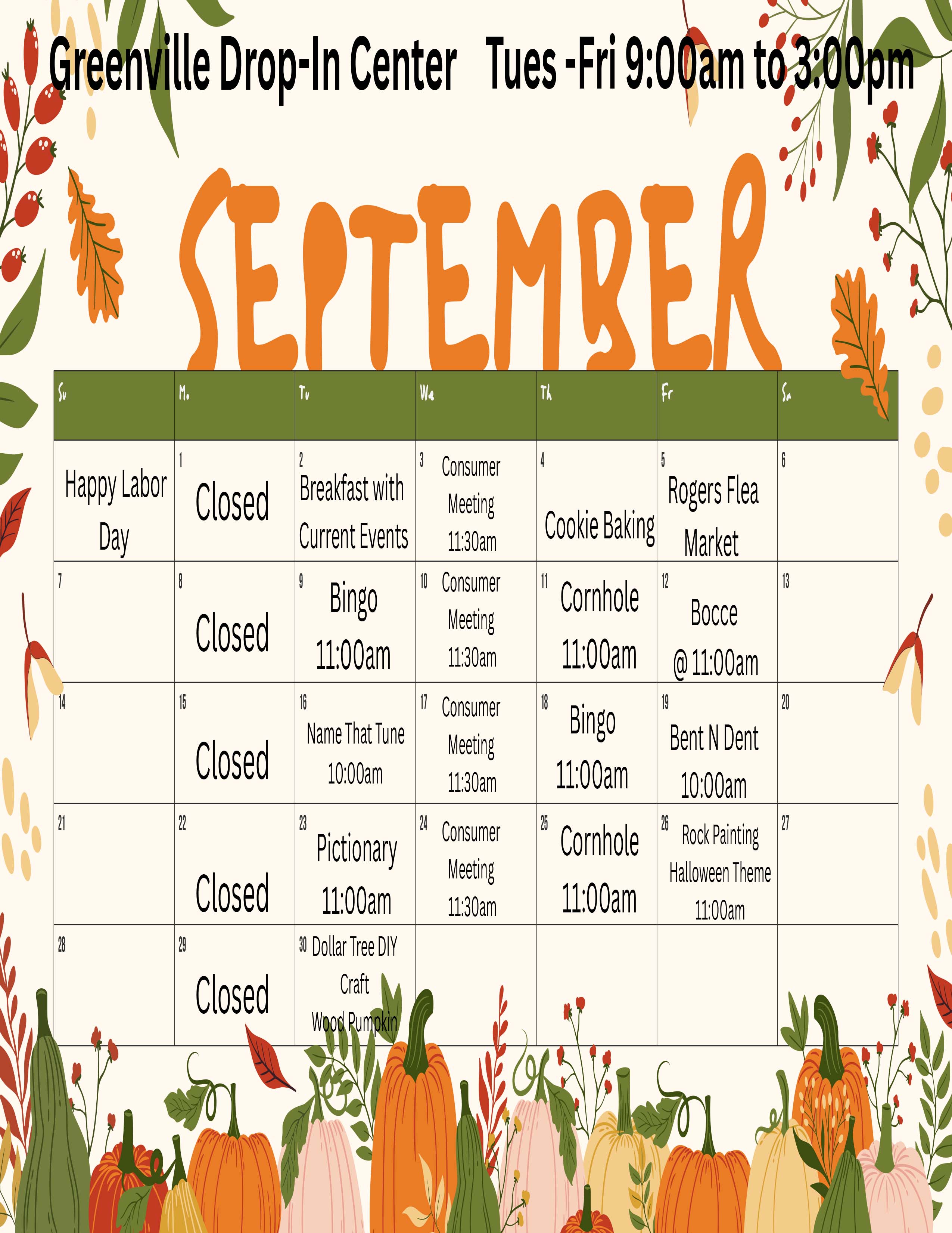 Greenville Drop in Center September Calendar