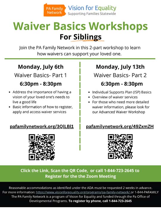 Waiver Basics Workshops
For Siblings