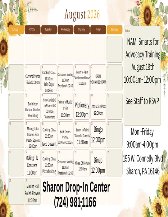 Sharon Drop-In Center Calendar
