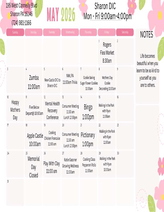 Sharon Drop-in Center Calendar