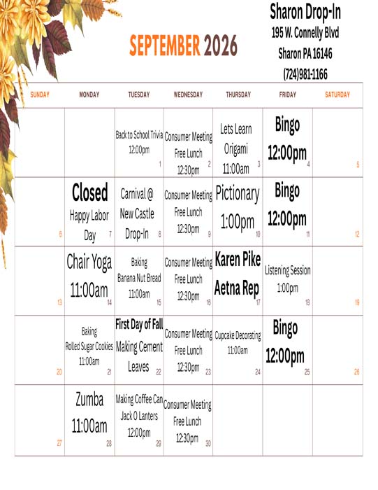 Sharon Drop-In Center Calendar