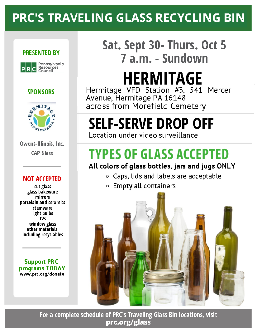 Flyer for Traveling Glass Recycling Bin in  Hermitage 