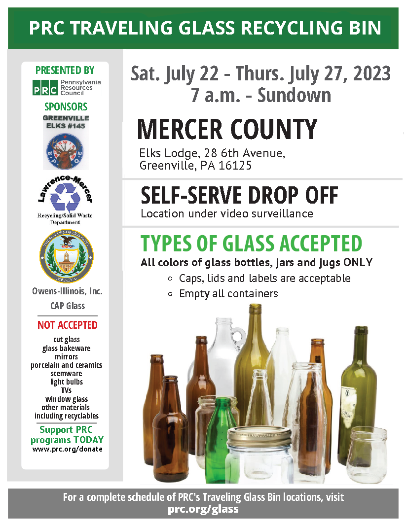 Flyer for Traveling Glass Recycling Bin for Mercer County 